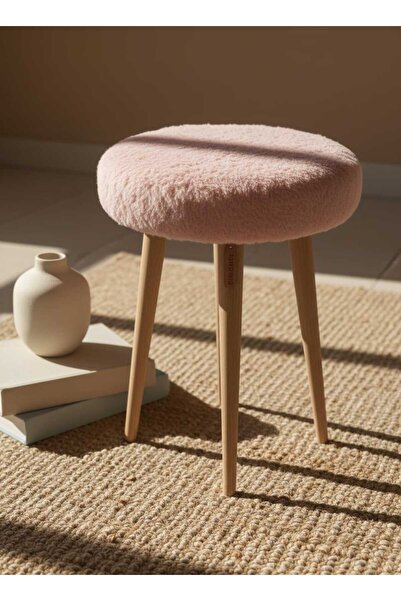 Yonga Sanat Atölyesi Gürgen Ahşap Retro Ayak Dekoratif Pembe Peluş Puf Tabure...