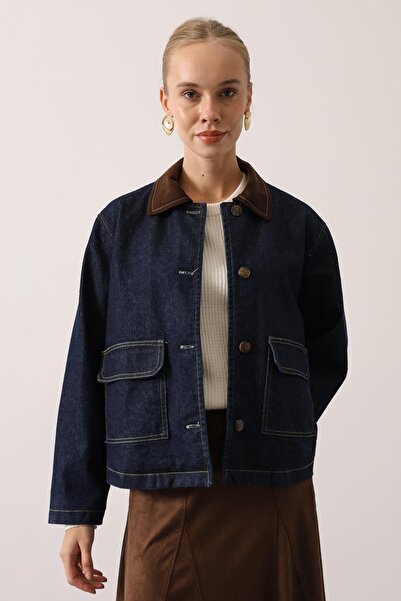 vuvutasarım New Season Contrast Collar Denim Oversize Women's Dark Blue Jacke...