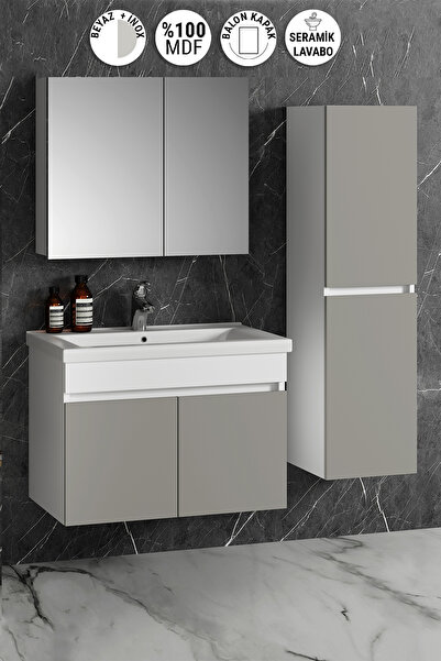 ÖZCEDEN Çiğdem 80+35 cm Beyaz-İnox Balon MDF Seramik Lavabolu Sepetli Asma Ba...