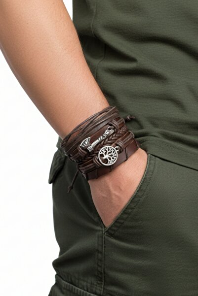 AB Takı Tree of Life Axe Design 5 Pieces Real Leather Bracelet Gift Bracelet ...