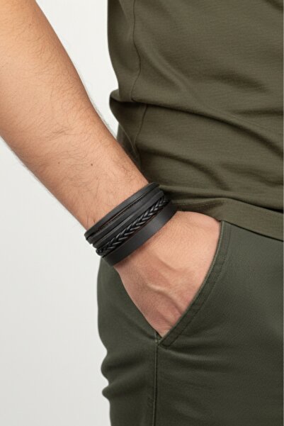 AB Takı Flat Design 3 Pieces Real Leather Bracelet Fashion Bracelet Gift Brac...