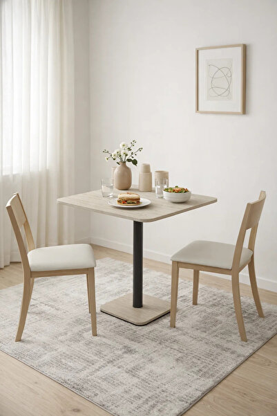 MARIA HOMES Beige Square Melamine Dining Table Black Metal Leg 70cm Modern Co...