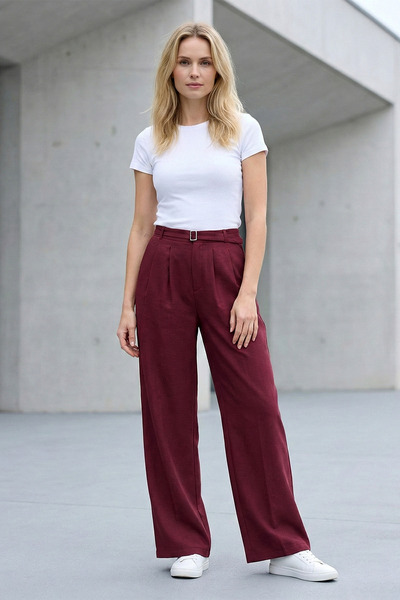 Kirazgym بنطلون نسائي من قماش تينسل كوبرا مع حزام خصر مطاطي - أحمر كلاريت