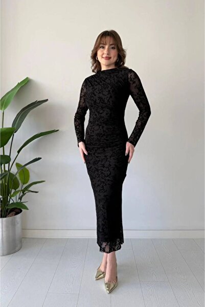 Mouillé Drapeli Flok Baskı Elbise Yırtmaç Detaylı Dantelli Elbise