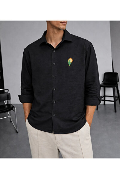 FıttingRoom Oversize Embroidery Detailed Cotton Black Shirt