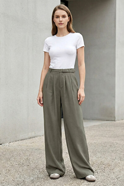 Kirazgym Women's Tencel Cupra Fabric Trousers with Elastic Waist Belt - Khaki