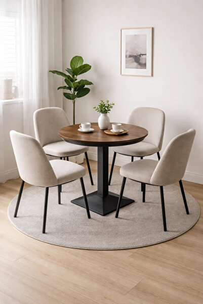MARIA HOMES Modern Round Bistro Dining Table Brown Wood Look Top Black Metal ...