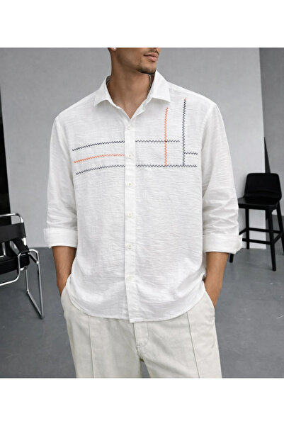 FıttingRoom Oversize Embroidery Detailed Cotton White Shirt