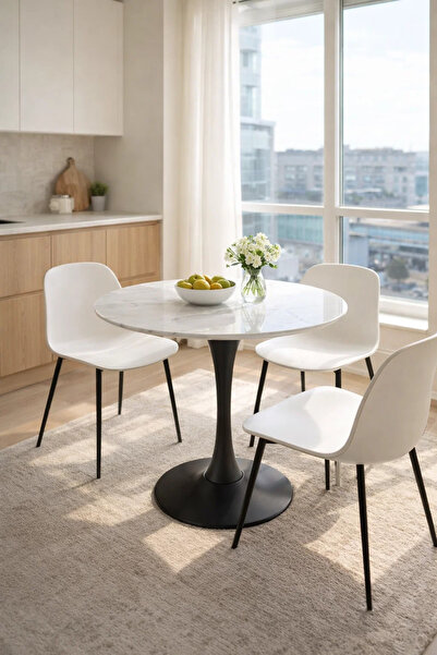 MARIA HOMES Modern Round White Marble Dining Table - (70*70*75 cm)