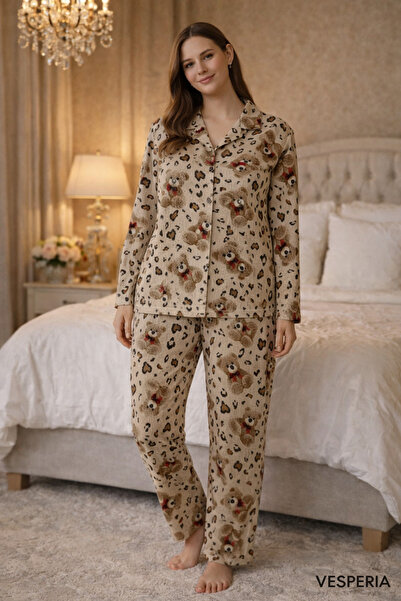 Vesperia Women's Blue Christmas Patterned Long Sleeve Pajama Set Suede