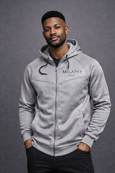 NOFLEN Milano Printed Scuba Hooded Black Gray Tracksuit Set