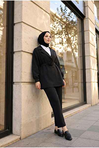 MODAQU Rose Appliqué Double-Breasted Jacket and Trousers Black Set