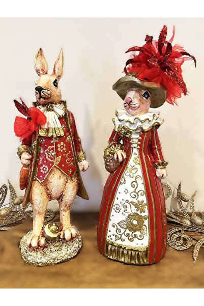 HAZE DESİGN LAB Kırmızılı Tavşan Ailesi -Dekoratif Tavşan Çift Heykel ,Paskal...