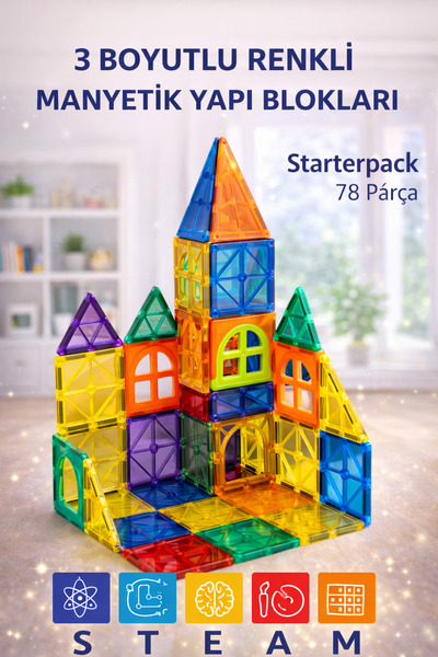 YILDIRIM OYUNCAK Eğitici 3 Boyutlu Manyetik Yapı Blokları 78 Parça | Renkli M...