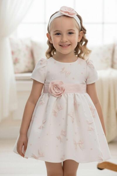 Pamina Baby Girl Dress with Ribbon Motif and Floral Hairband Detail, 6-24 Mon...