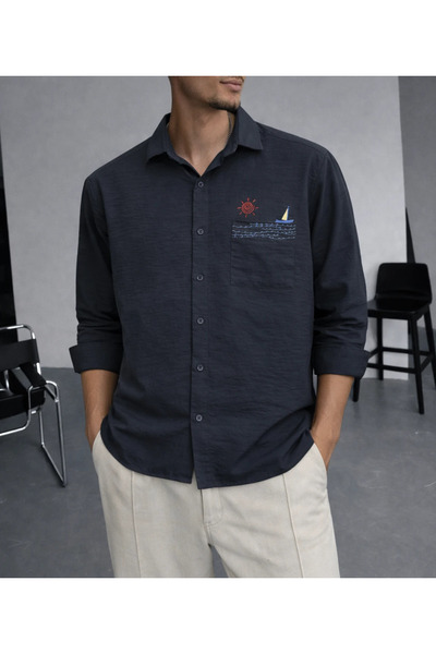 FıttingRoom Oversize Embroidery Detailed Cotton Dark Navy Blue Shirt