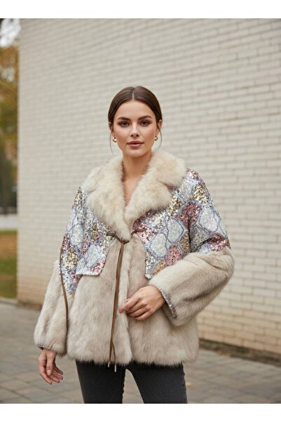 Rabiossa Kadın Işıltılı Payet Detaylı Lüks Kürk Ceket