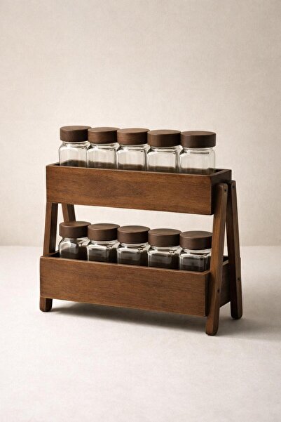 mirena ateiler Akasya Ahşap 12’li Baharat Kavanozu Seti – 2 Katlı Akasya Orga...