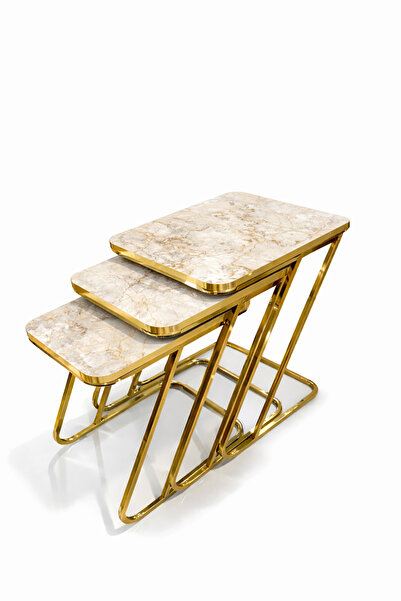 Riyes Tasarım Z Zigon 3 lü Gold Ayaklı HAYGLASS MDF Yan Sehpa - Modern & Şık