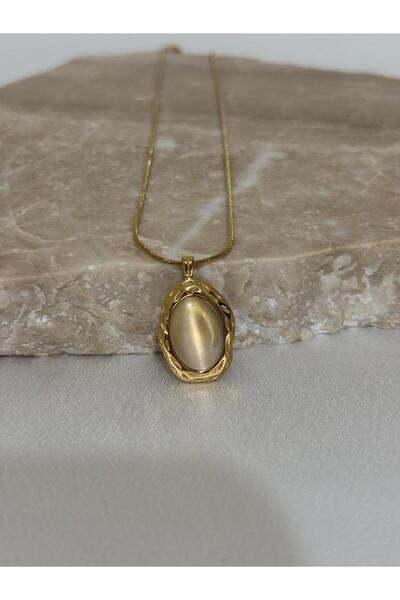 stainless steell Oval Vintage Opal Taşlı Çelik Kolye