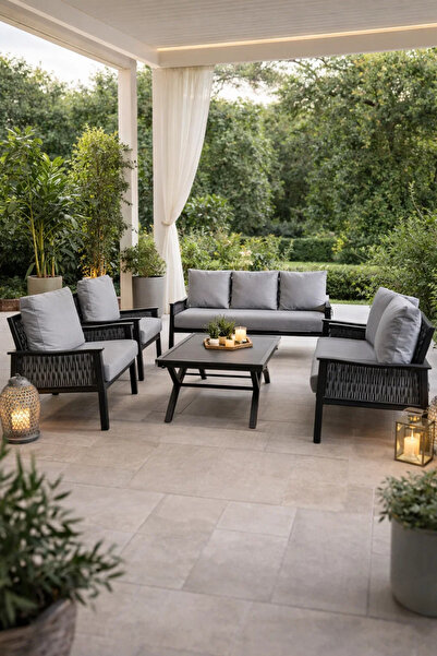 MARIA HOMES طقم أريكة خارجي أنيق باللونين الأسود والرمادي مكون من 7 قطع مع طا...