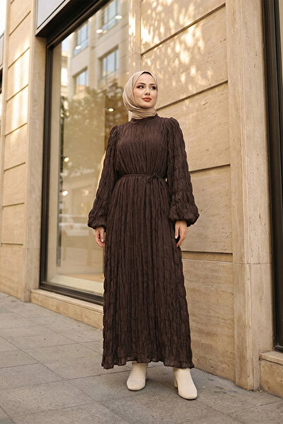 MODAQU Gipeli Sleeve Detailed Lined Brown Modal Dress
