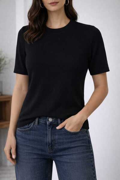 JM Short Sleeve Crew Neck Lycra Knitwear Blouse