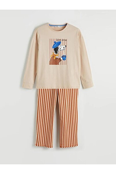 LC Waikiki Ecru Crew Neck Printed Women's Pajama Set (S6)