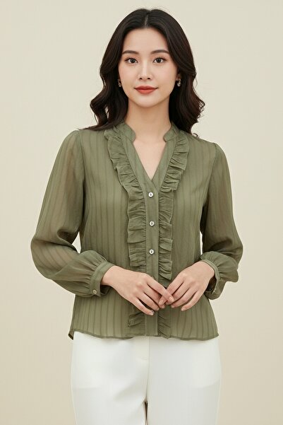 Lunfia Fırfırlı V Yaka Buket Gömlek - Haki