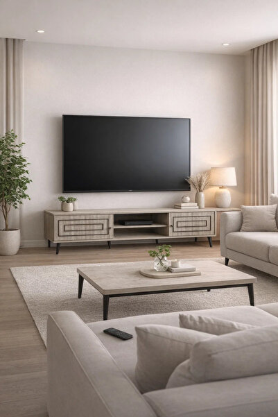 MARIA HOMES Beige Modern TV Stand with Storage – 160 × 40 × 45 cm