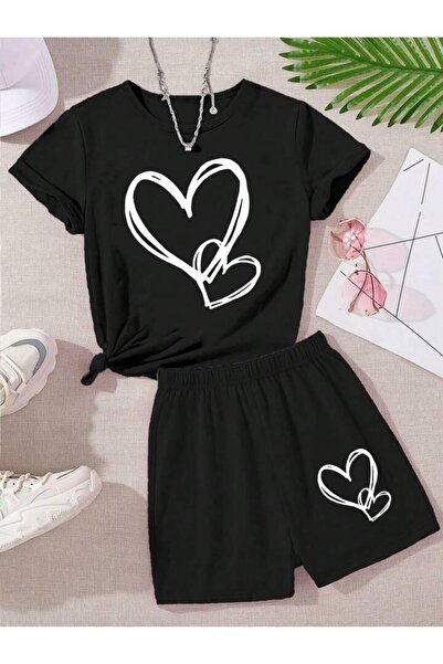 Cans Kız\Erkek Çocuk Siyah Çift Kalp Baskılı Şort-Tshirt Takım