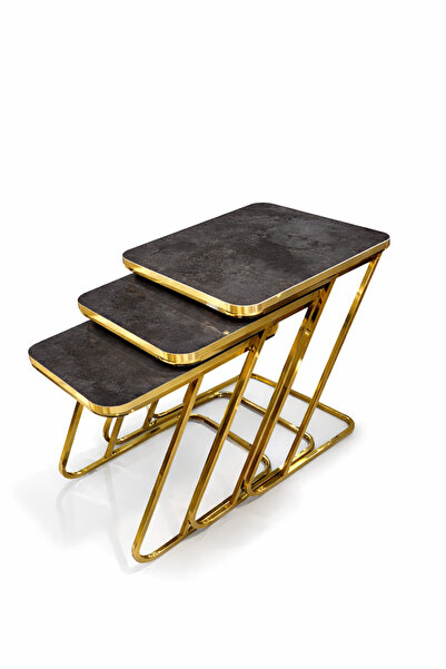 Riyes Tasarım Z Zigon 3 lü Gold Ayaklı HAYGLASS MDF Yan Sehpa - Modern & Şık