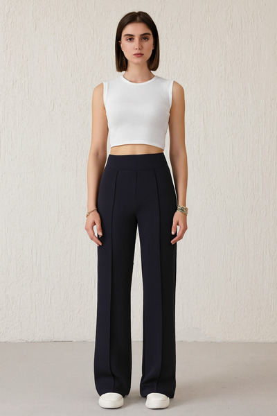 Jooy Wide Leg Front Striped Crepe Fabric Black Women's Trousers