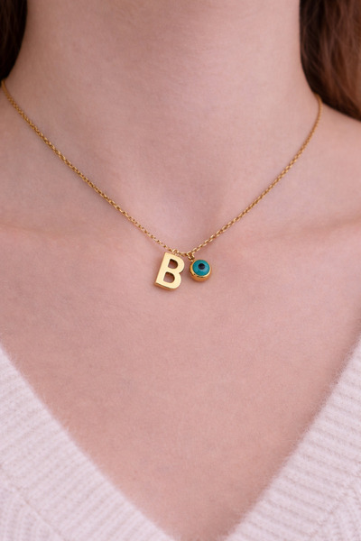Tasarım Kişiye Özel Harfli Nazar Boncuklu Altın Renk Kadın Kolye