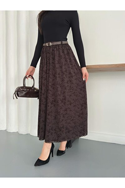 IŞILDA FASHION Fusta lungă cu imprimeu flocat și curea