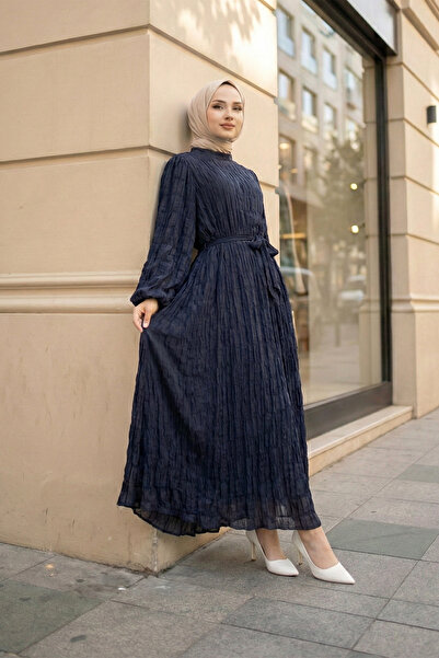 MODAQU Gipeli Sleeve Detailed Lined Navy Blue Modal Dress