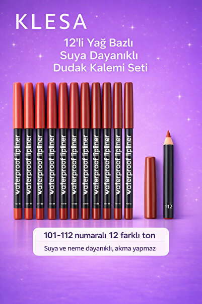 KLESA 12’li Yağ Bazlı Suya Dayanıklı Dudak Kalemi Seti Nude Pembe Kırmızı Tonlar
