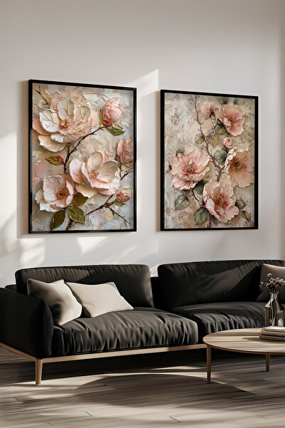 STARYUNA Black Wooden Framed Powder Flower Themed Double Painting Set Yuna528