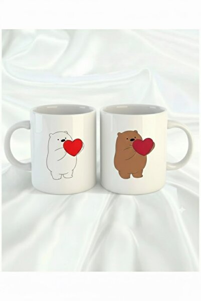 sartre art طقم أكواب على شكل دب - أكواب رومانسية على شكل دب أبيض وبني مع قلوب...