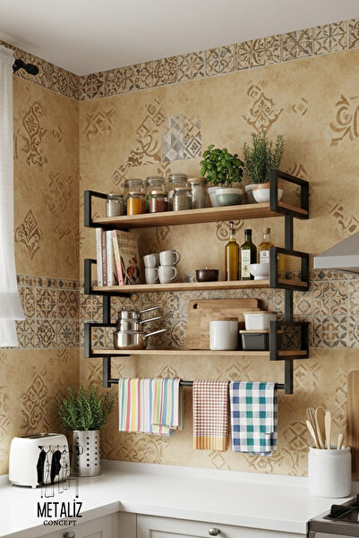 METALİZ YENİLİKÇİ TASARIMLAR Metal Gövdeli Ahşap Raflı Duvar Tipi Mutfak Düze...