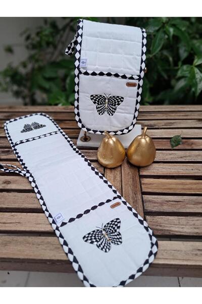 Çengelli İğne Butterfly Embroidered Checkered Double Oven Holder