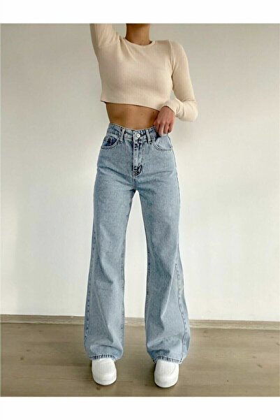 mooishan Aranka Blue High Waist Wide Leg, Loose Jeans, Lycra, Palazzo, Snow W...