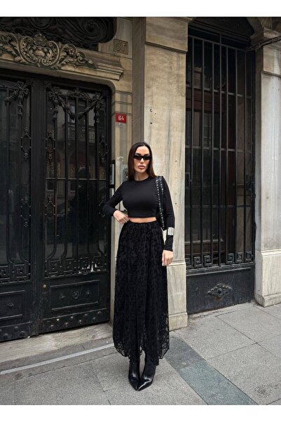 Mouillé Yüksek Bel Flok Baskılı Tül Etek Astarlı Kadın Etek