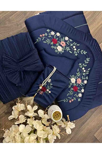 Gerenic طقم صلاة نسائي فاخر ومطرز باللون الكحلي، يتضمن سجادة صلاة مبطنة وشرشف...