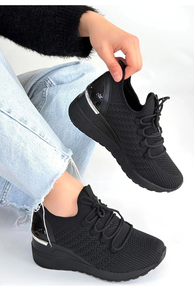 hibiscus Weor Black Knitwear Lace-Up Sports Shoes
