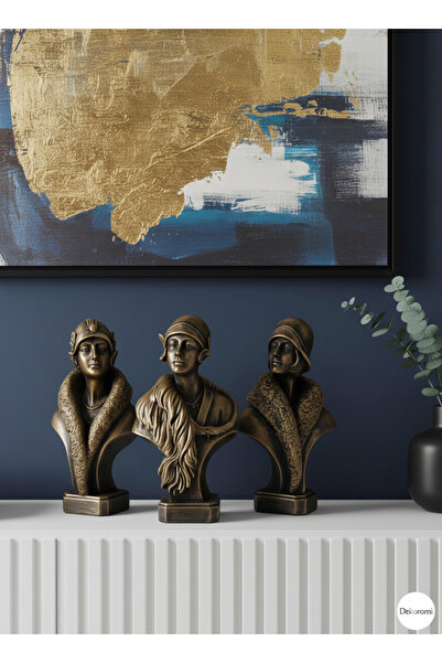 Dekoromi 3'lü Zengin Lüks Kadınlar Heykeli Altın Eskitme Dekorasyon Büst Bibl...