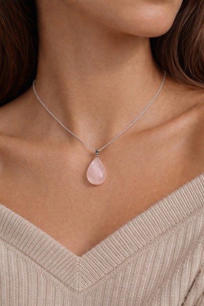 Aurevyn Design Gümüş Renk Çelik Zincir Pembe Kuvars Doğal Taş Damla Uçlu Kadı...