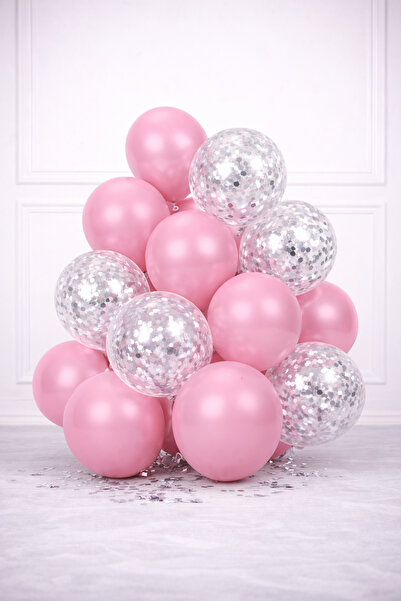 MACK PLUS 10'lu Pastel Pembe ve Şeffaf Balon Seti – İçi Gümüş Pullu, Şık ve D...