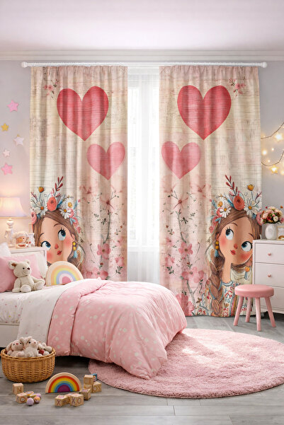 HOMESSA Kız Çocuk Odası Çift Kanatlı Fon Perde Kalp ve Çiçek Desenli Prenses Kız