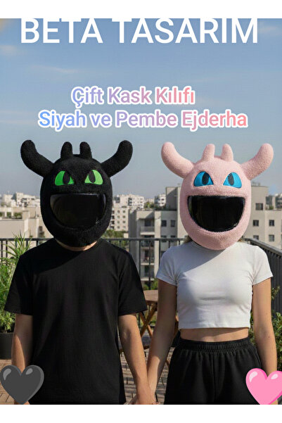 Beta Çift Ejderha Peluş Siyah ve Pembe İkili Kask Kılıfı Arkadaş, Sevgili